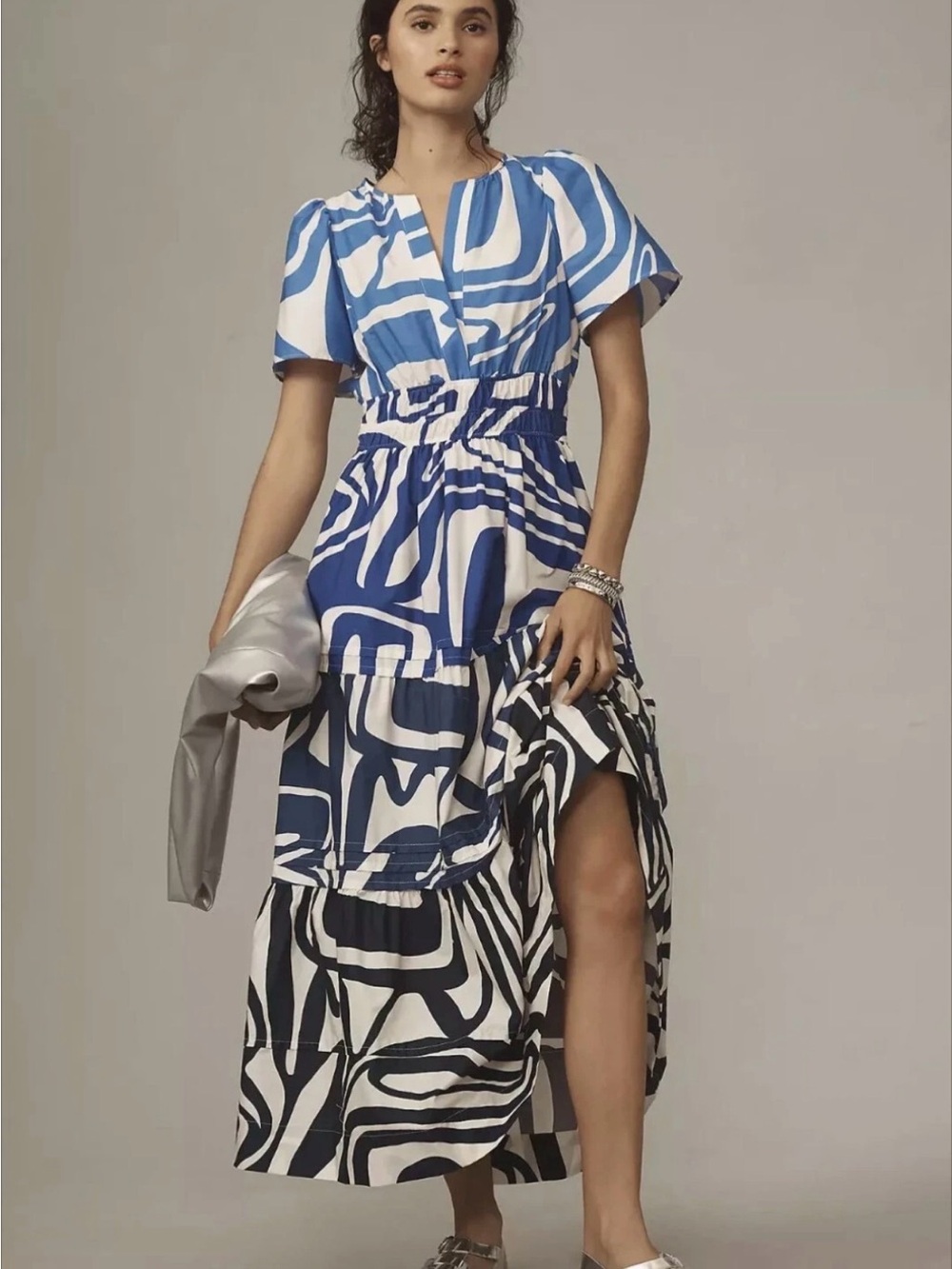 Anthropologie Somerset Blue & White Abstract Print Tiered Midi Dress